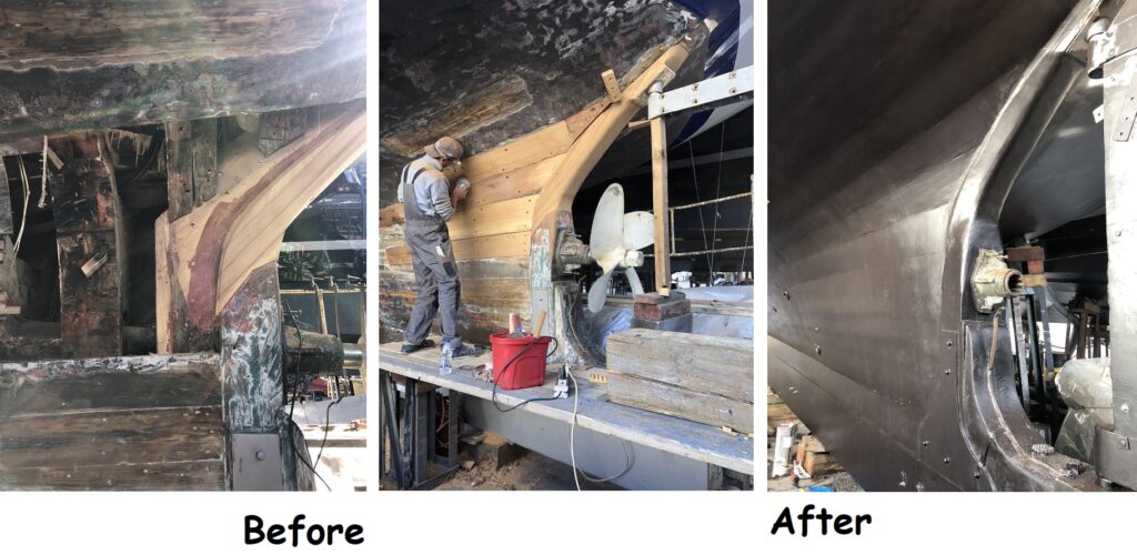 Keel repair, before-after