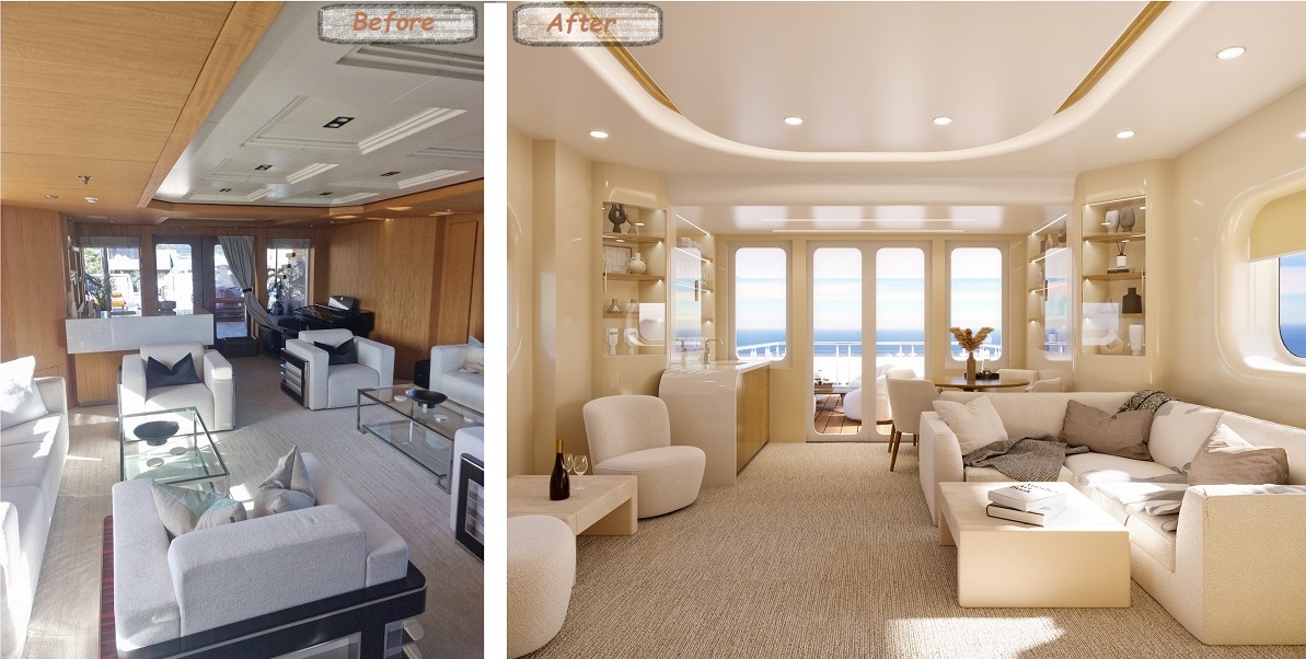 YACHT main saloon design, before-after