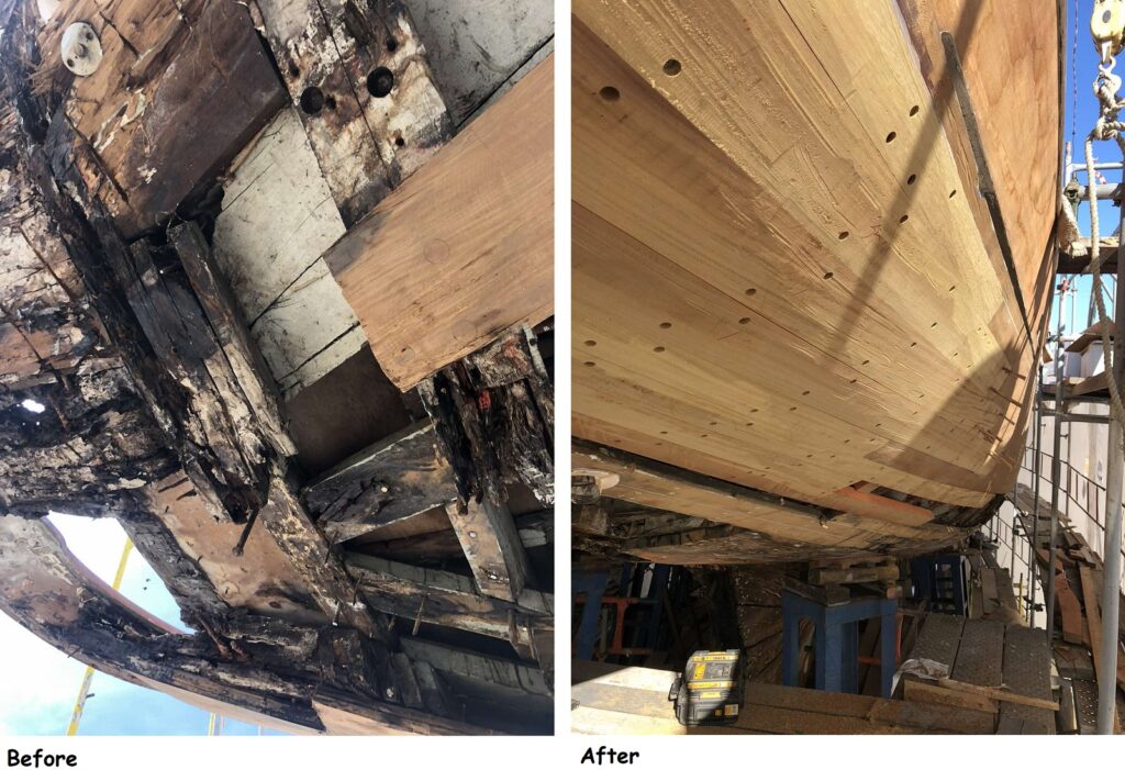 Renovation yacht hull, before-after 2