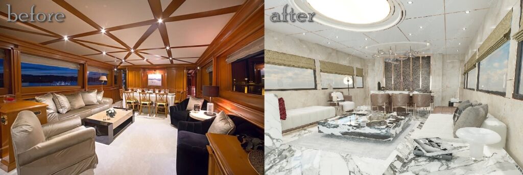 Yacht saloon design, before-after 1