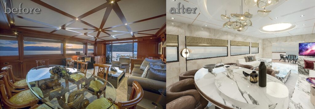 Yacht saloon design, before-after 2